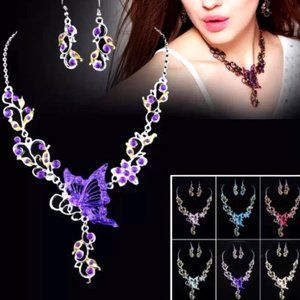 BEAUTIFUL PURPLE BUTTERFLY CRYSTALS NECKLACE & EARRINGS SET. NEW